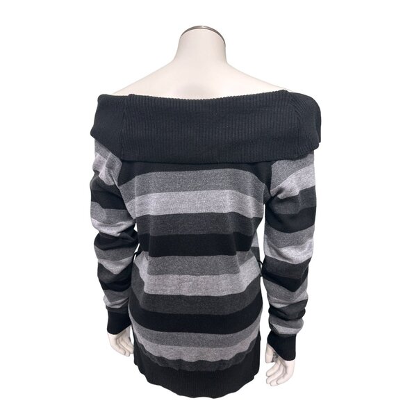 AB Studio Off Shoulder Chevron Stripe Alternating Gray Black Cowl Neck Sweater S - Picture 4 of 8